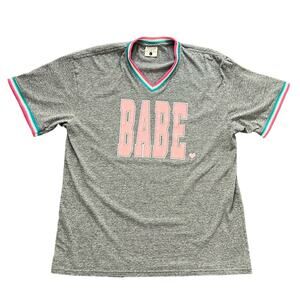 Jadelynn Brooke Cotton Blend Gray Rainbow‎ V-Neck BABY Spell Out T-Shirt Size L